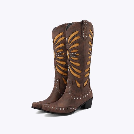 Pointed toe high calf hollow studded boots