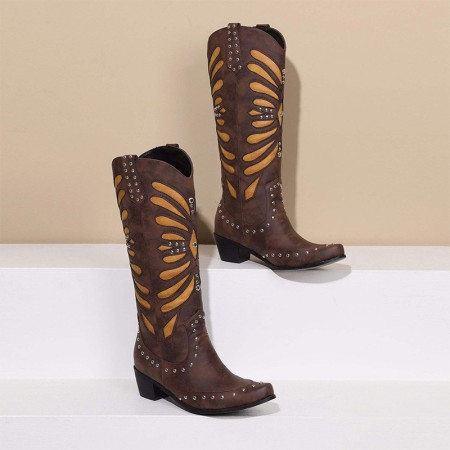 Pointed toe high calf hollow studded boots
