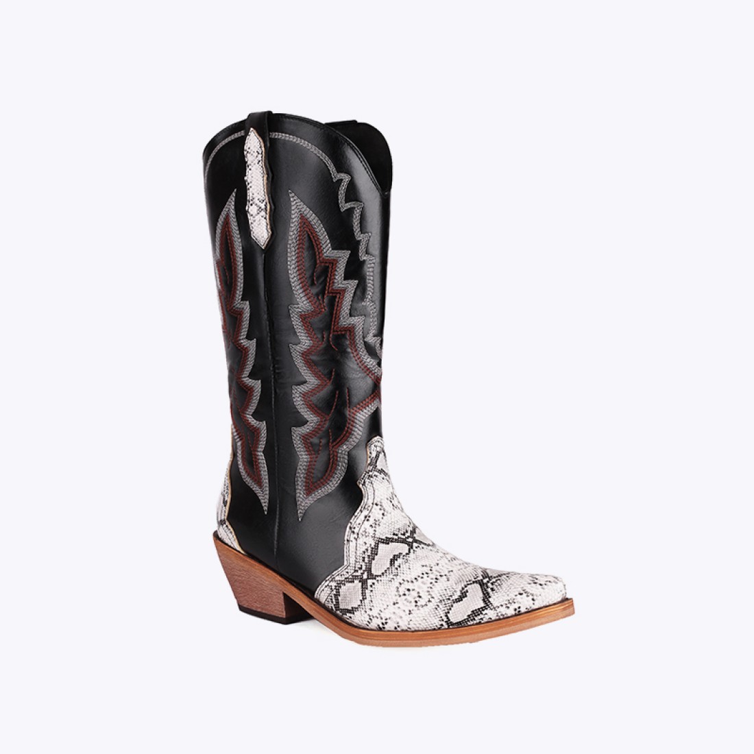 Premium leather embroidered faux snakeskin boots