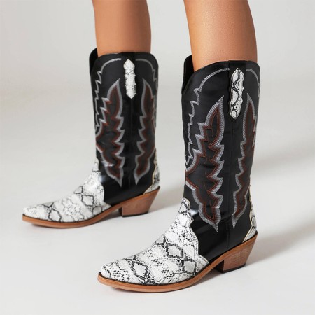 Premium leather embroidered faux snakeskin boots