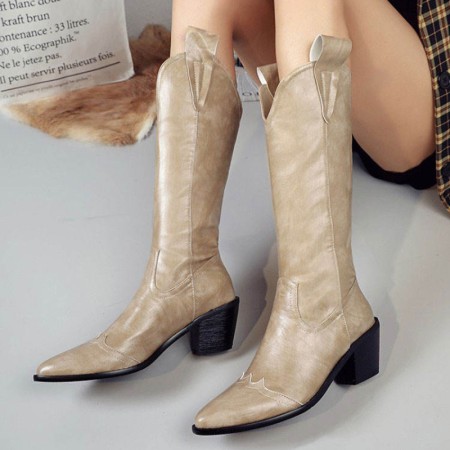 Genuine leather pointed toe over-the-knee boots