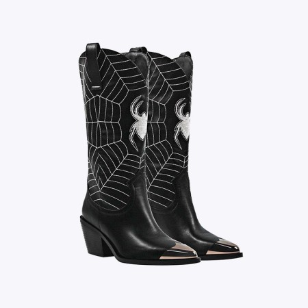 Black leather pointed round toe embroidered boots