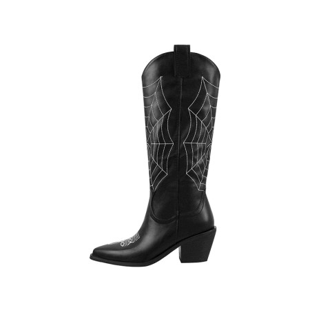 Black leather pointed round toe embroidered boots