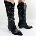 Black leather pointed round toe embroidered boots