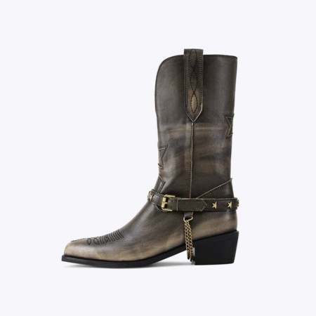 Genuine leather vintage pointed toe women's mid-calf boots