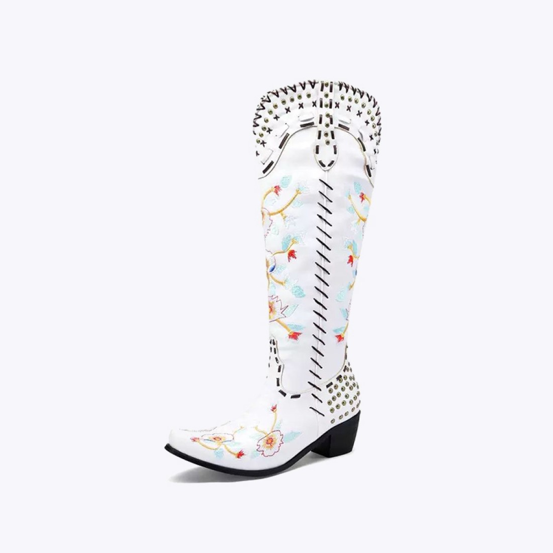 Women's punk denim square toe thick heel suit boots