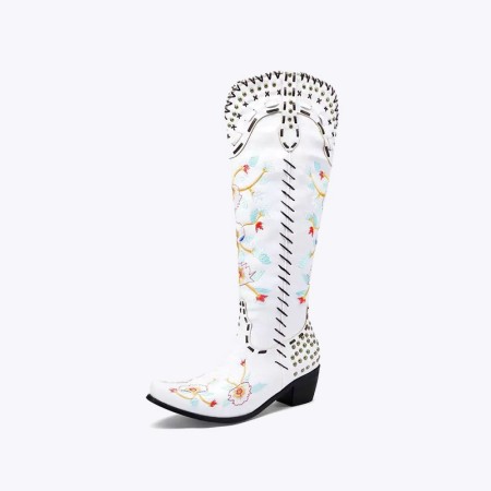 Women's punk denim square toe thick heel suit boots