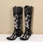 Women's punk denim square toe thick heel suit boots