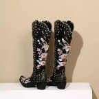 Women's punk denim square toe thick heel suit boots