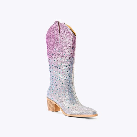 Pointed toe shiny mid-calf cowboy boots