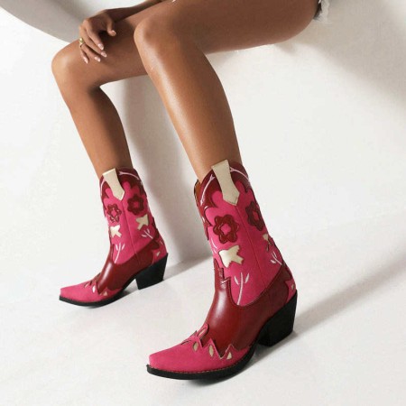 Women's pointed toe embroidered mid-calf boots