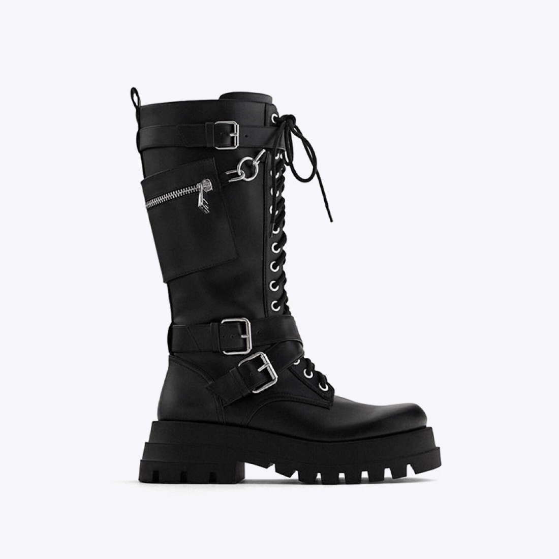 Women's belt buckle knee-high low-heeled leather boots