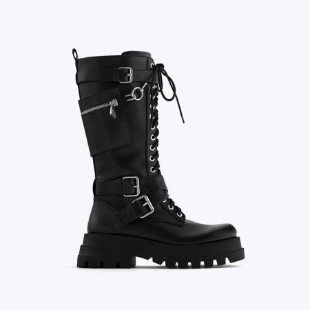 Women's belt buckle knee-high low-heeled leather boots