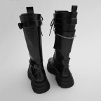 Women's belt buckle knee-high low-heeled leather boots