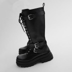 Women's belt buckle knee-high low-heeled leather boots