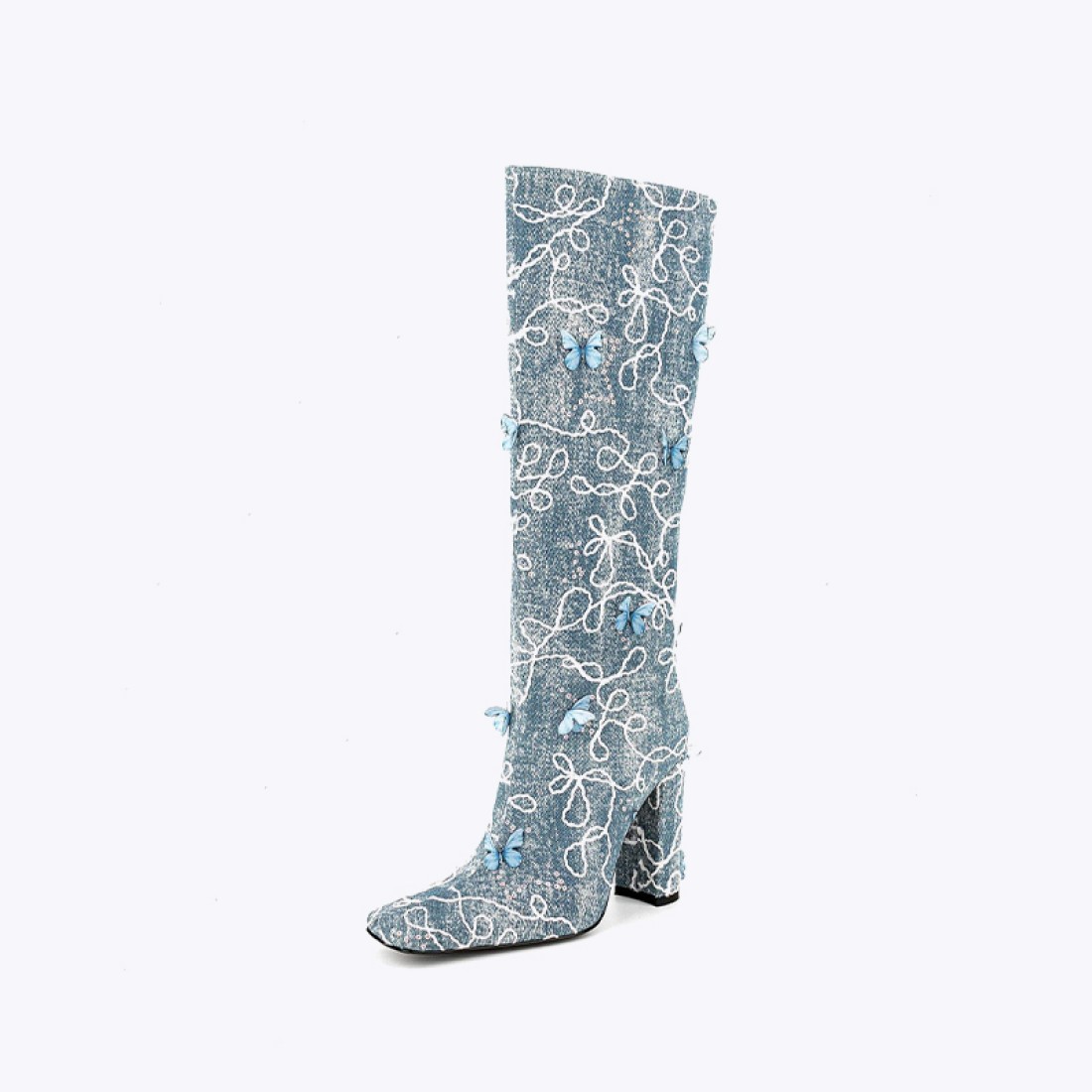 Floral square toe high-heeled denim over-the-knee boots