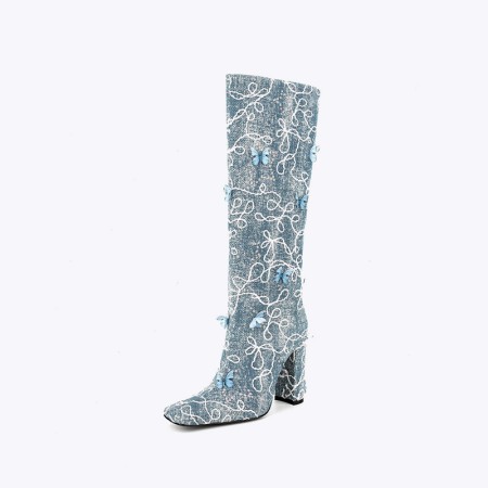 Floral square toe high-heeled denim over-the-knee boots