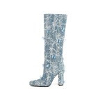 Floral square toe high-heeled denim over-the-knee boots