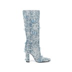 Floral square toe high-heeled denim over-the-knee boots