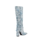 Floral square toe high-heeled denim over-the-knee boots