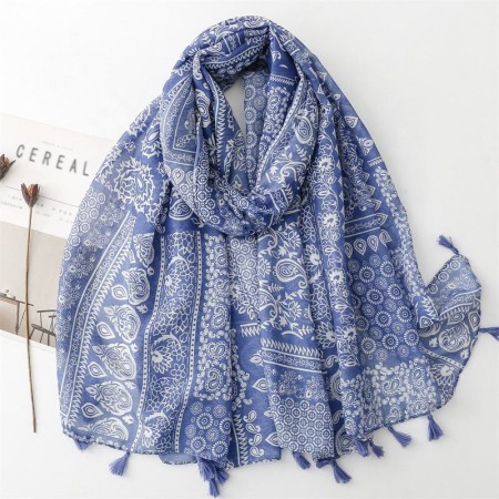 Blue flower print tassel shawl scarf