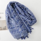 Blue flower print tassel shawl scarf
