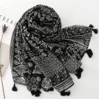 Blue flower print tassel shawl scarf