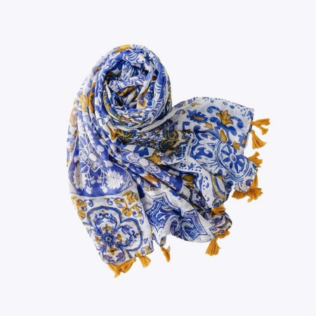 Long blue printed silk scarf shawl