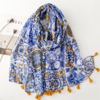 Long blue printed silk scarf shawl