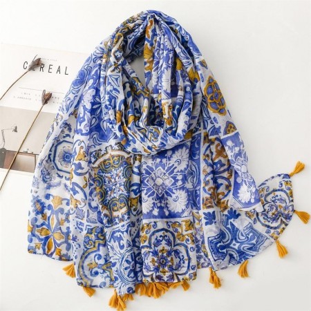 Long blue printed silk scarf shawl