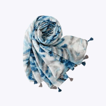 Blue tie-dyed hand-painted gauze tassel scarf