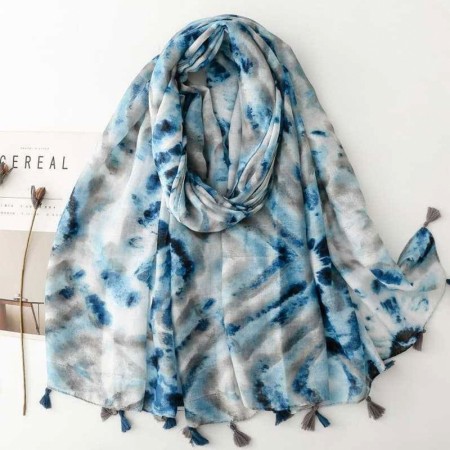 Blue tie-dyed hand-painted gauze tassel scarf