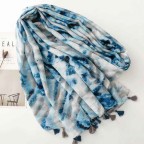 Blue tie-dyed hand-painted gauze tassel scarf