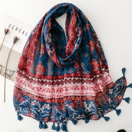 Retro red and blue geometric floral scarf
