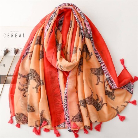 Orange and red leopard print silk scarf