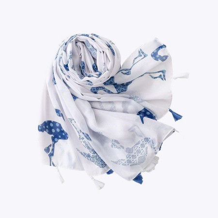 Blue and white flamingo and heart bird printed silk scarf