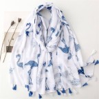 Blue and white flamingo and heart bird printed silk scarf