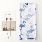 Blue and white flamingo and heart bird printed silk scarf