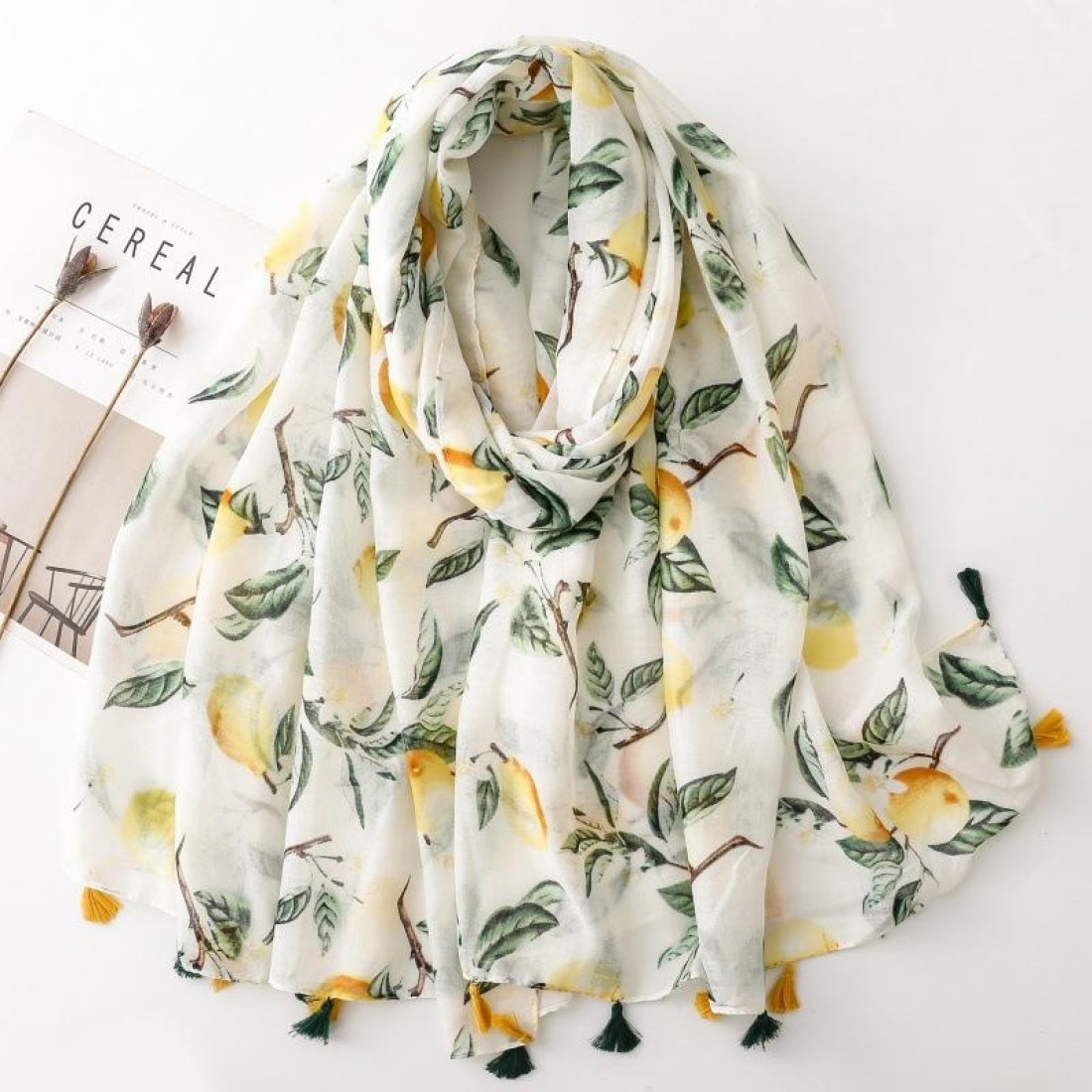 Yellow-green lemon print long silk scarf