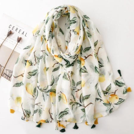 Yellow-green lemon print long silk scarf