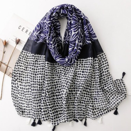 Blue Cherry Leaf Print Long Scarf for Women