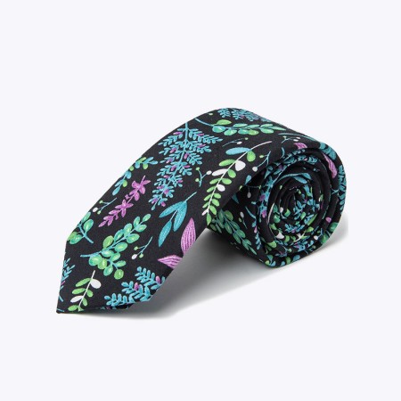 Black colorful leaf floral print tie