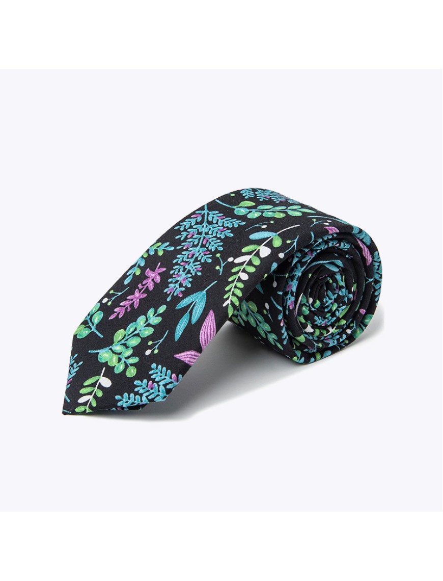 Black colorful leaf floral print tie
